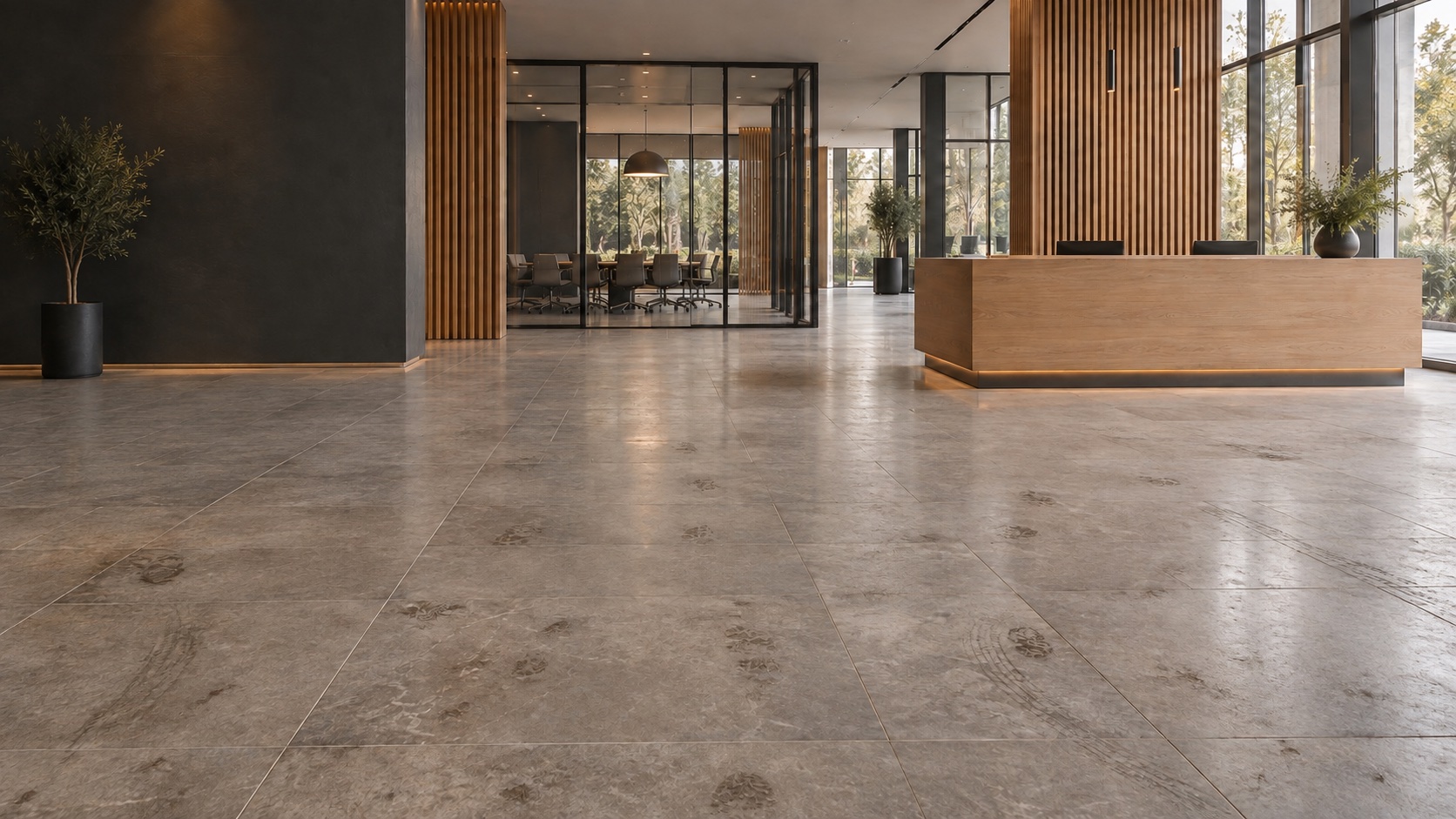 Avant simulé : Hall d’accueil — sol minéral